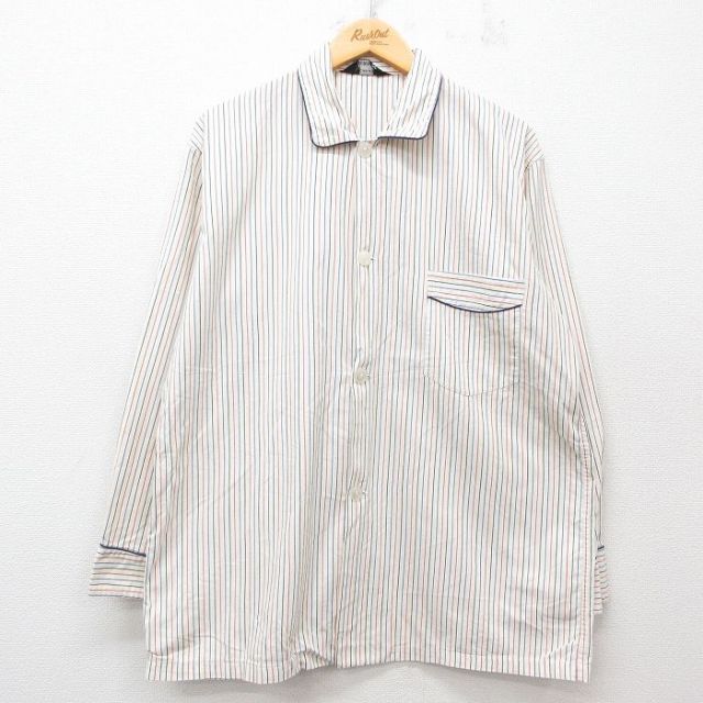 XL★古着 長袖 パジャマ シャツ メンズ 80年代 80s コットン イングランド製 白他 ホワイト ストライプ 25jun25 中古 トップス