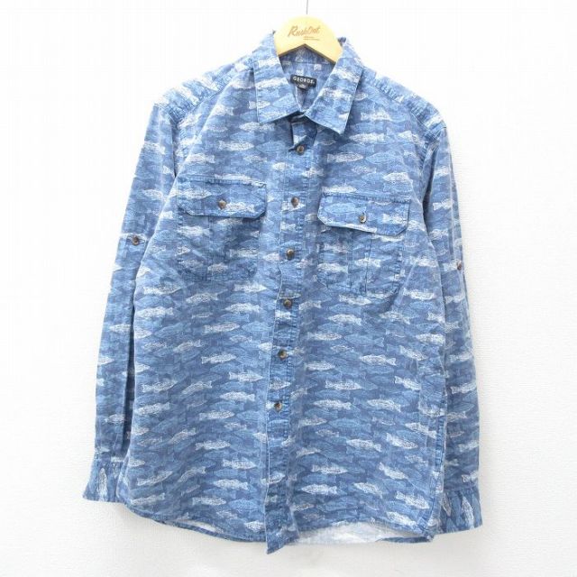 XL★古着 長袖 シャツ メンズ 00年代 00s 魚 総柄 コットン 紺 ネイビー 【spe】 25jun25 中古 トップス