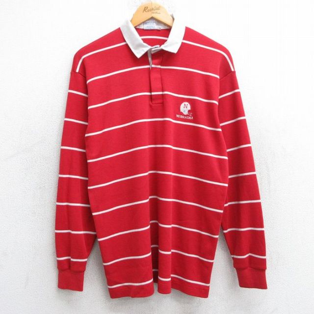 【50%OFF】L★古着 長袖 ラガー シャツ メンズ 90年代 90s ネブラスカ フットボール USA製 赤他 レッド ボーダー 25jun25 中古 トップス