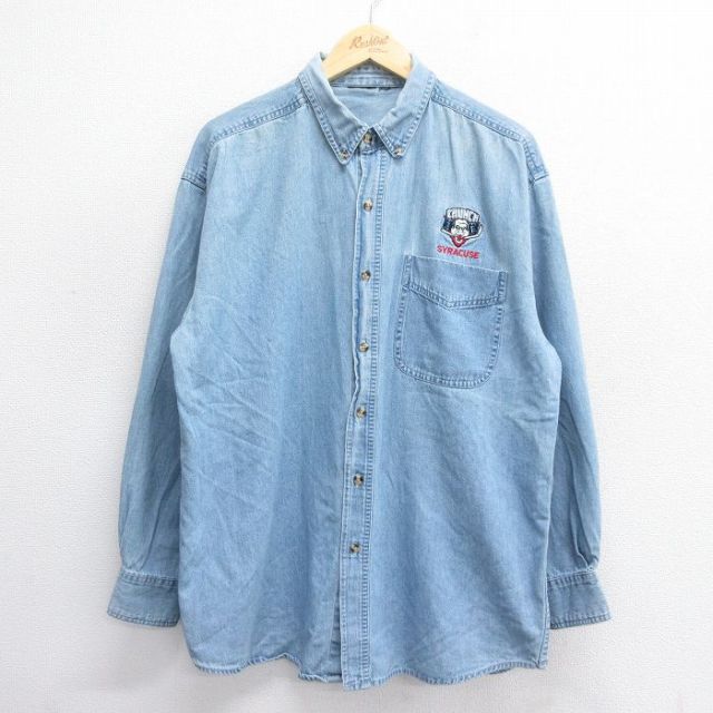 【50%OFF】XL★古着 長袖 シャツ メンズ シラキュース CRUNCH ボタンダウン 紺 ネイビー デニム 25jun30 中古 トップス