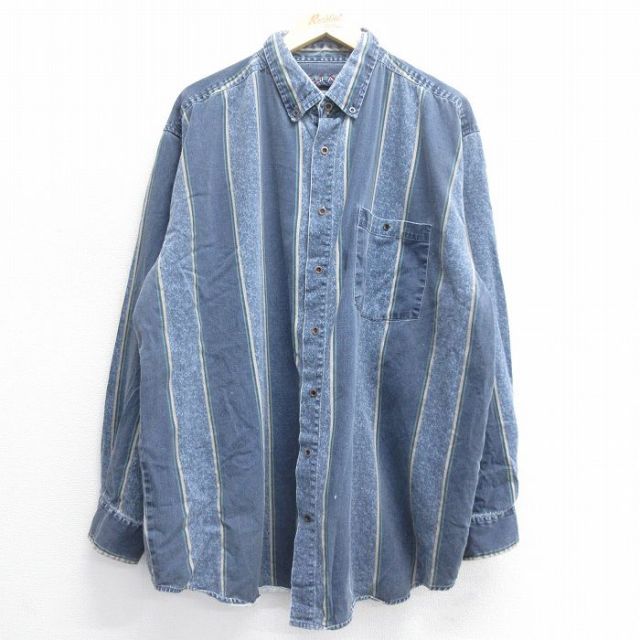 90s 長袖シャツ ネイビーストライプ XL | 古着