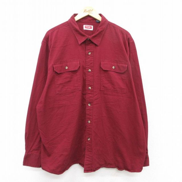 XL★古着 ラングラー Wrangler 長袖 シャツ メンズ 大きいサイズ ロング丈 赤系 レッド 25jul02 中古 トップス