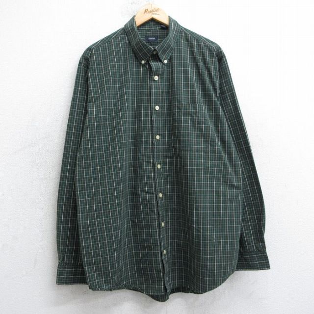 XL★古着 アロー 長袖 シャツ メンズ 大きいサイズ ロング丈 ボタンダウン 緑他 グリーン チェック 25jul03 中古 トップス
