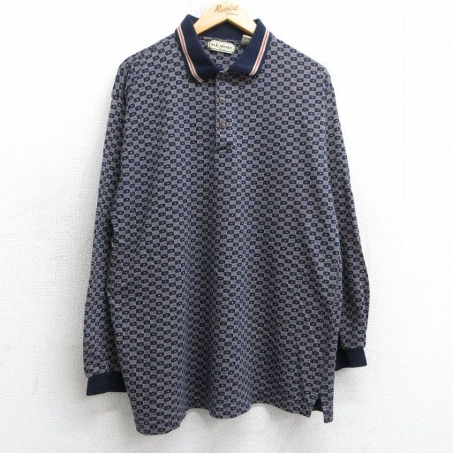 L★古着 長袖 ポロ シャツ メンズ 90年代 90s 総柄 紺他 ネイビー 25jul03 中古 トップス