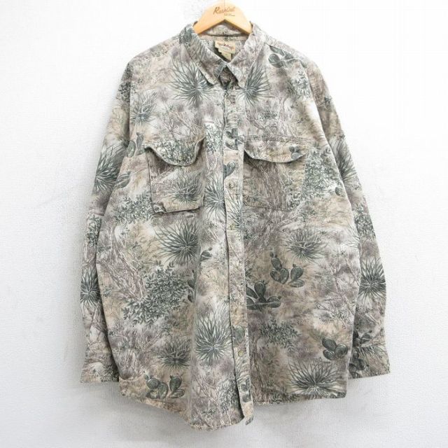 XL★古着 長袖 シャツ メンズ サボテン 木 葉 総柄 リップストップ 大きいサイズ ロング丈 コットン ボタンダウン ベージュ他 カーキ 【spe】 25jul03 中古 トップス