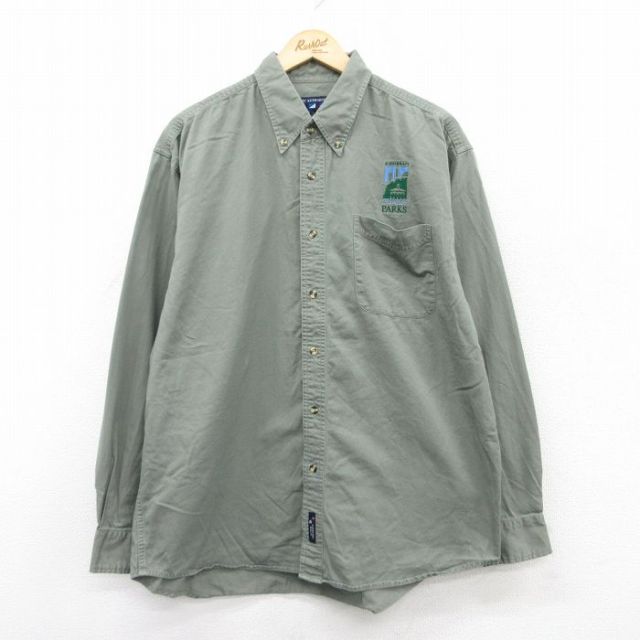 XL★古着 長袖 シャツ メンズ PARKS 大きいサイズ コットン ボタンダウン 濃緑 グリーン 25jul05 中古 トップス