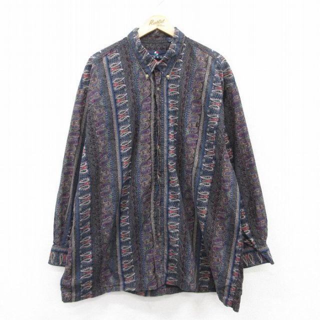 XL★古着 長袖 シャツ メンズ ペイズリー柄 大きいサイズ ロング丈 コットン ボタンダウン 紺他 ネイビー 25jul05 中古 トップス