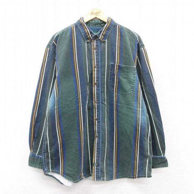 XL★古着 アメリカンイーグル American Eagle 長袖 ブランド シャツ メンズ 90年代 90s 大きいサイズ コットン ボタンダウン 緑他 グリーン ストライプ 25jul05 中古 トップス