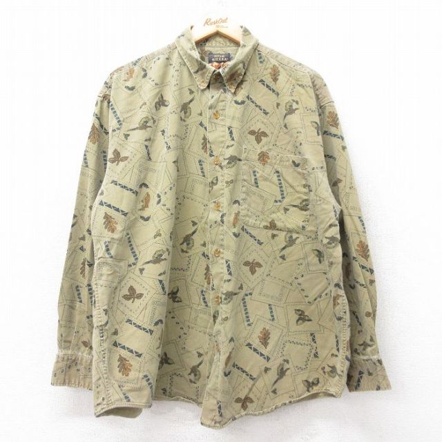 【50%OFF】XL★古着 長袖 シャツ メンズ 00年代 00s 鳥 魚 コットン ボタンダウン 緑系 グリーン 25aug04 中古 トップス