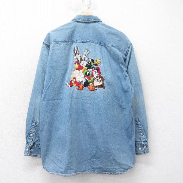 XL★古着 長袖 シャツ メンズ 90年代 90s ルーニーテューンズ LOONEY TUNES バッグスバニー トゥイーティー ダフィーダック 刺繍 ロング丈 コットン ボタンダウン 紺 ネイビー デニム 【spe】 25aug04 中古 トップス