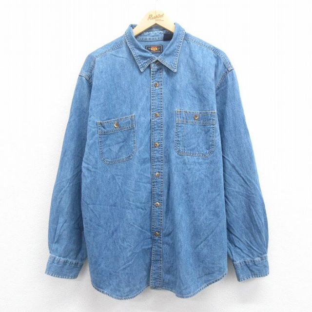 【20%OFF】XL★古着 ルート66 長袖 シャツ メンズ 00年代 00s 大きいサイズ コットン 紺 ネイビー デニム 25aug08 中古 トップス