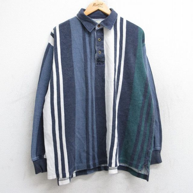 XL★古着 セントジョンズベイ 長袖 ポロ シャツ メンズ 90年代 90s 紺他 ネイビー ストライプ 25aug18 中古 トップス