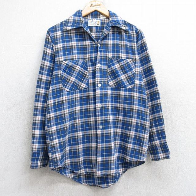 【20%OFF】M★古着 長袖 シャツ メンズ 80年代 80s コットン 開襟 オープンカラー 青他 ブルー チェック 25aug18 中古 トップス