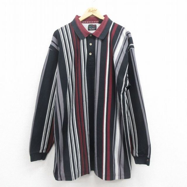 【50%OFF】XL★古着 グレッグノーマン 長袖 ポロ シャツ メンズ ワンポイントロゴ 鹿の子 大きいサイズ ロング丈 コットン 黒 ブラック ストライプ 25aug18 中古 トップス
