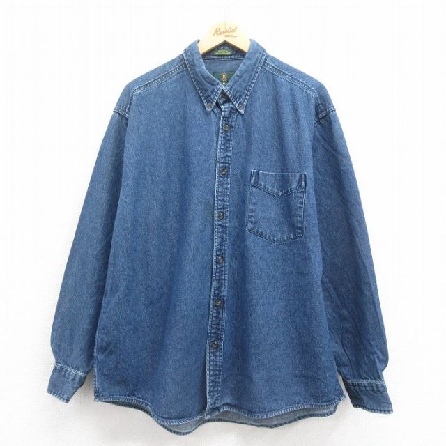XL★古着 長袖 シャツ メンズ 大きいサイズ コットン ボタンダウン 紺 ネイビー デニム 25aug18 中古 トップス