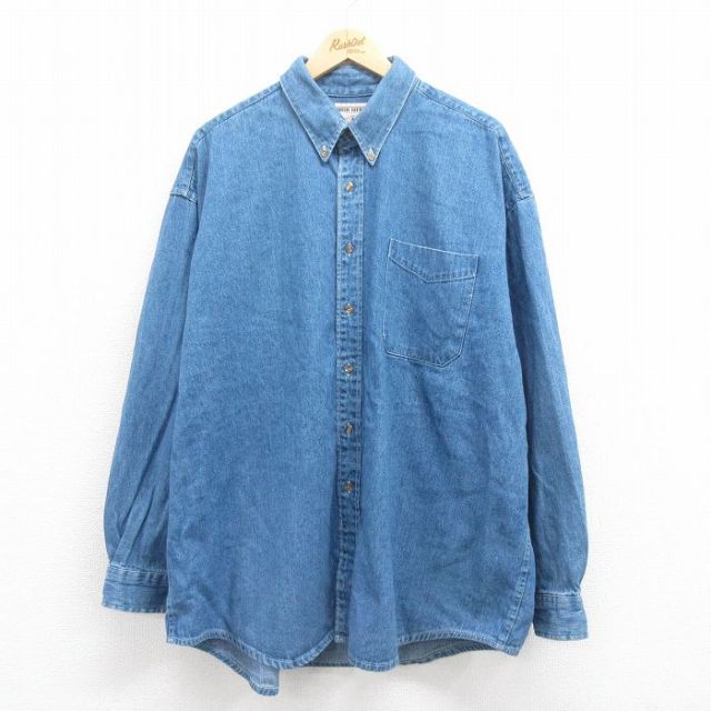 【50%OFF】XL★古着 長袖 シャツ メンズ 大きいサイズ コットン ボタンダウン 紺 ネイビー デニム 25aug18 中古 トップス