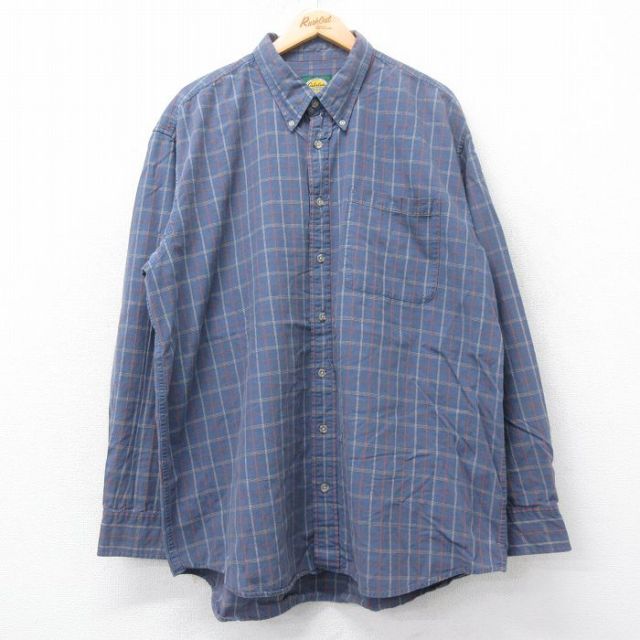 XL★古着 カベラス 長袖 シャツ メンズ 00年代 00s 大きいサイズ ロング丈 コットン ボタンダウン 薄紺他 ネイビー チェック 25aug20 中古 トップス