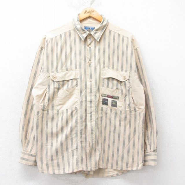 【50%OFF】XL★古着 ビューグルボーイ 長袖 シャツ メンズ 90年代 90s コットン ベージュ他 カーキ ストライプ 25aug20 中古 トップス