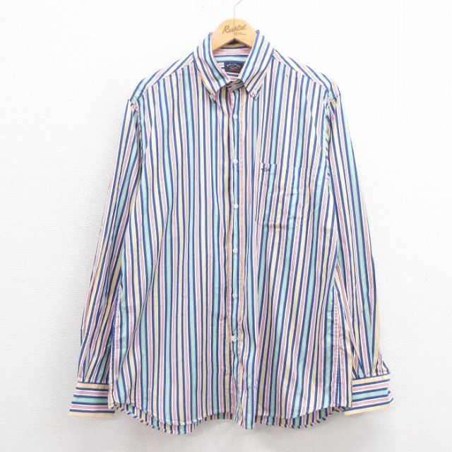 【20%OFF】L★古着 長袖 シャツ メンズ ワンポイントロゴ コットン ボタンダウン イタリア製 紺他 ネイビー ストライプ 25aug23 中古 トップス