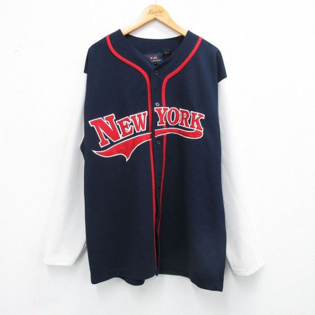 XL★古着 長袖 ベースボール シャツ メンズ ニューヨーク 大きいサイズ 紺他 ネイビー 25aug25 中古 トップス