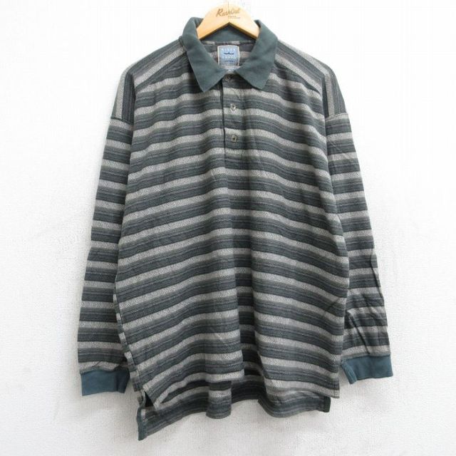 XL★古着 アロー 長袖 ポロ シャツ メンズ 大きいサイズ コットン 濃緑他 グリーン ボーダー 25aug25 中古 トップス