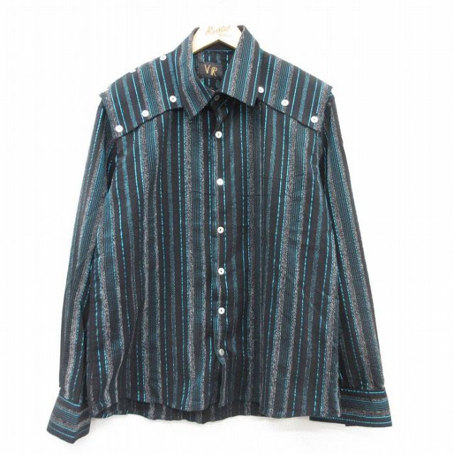 L★古着 長袖 シャツ メンズ 黒他 ブラック ストライプ 【spe】 25aug30 中古 トップス