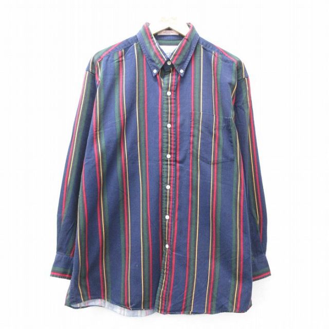 【50%OFF】XL★古着 長袖 シャツ メンズ コットン ボタンダウン 紺他 ネイビー ストライプ 25aug30 中古 トップス