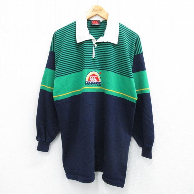 L★古着 カンタベリー 長袖 ラガー シャツ メンズ 90年代 90s 太陽 ロング丈 開襟 オープンカラー オーストラリア製 紺他 ネイビー 【spe】 25sep01 中古 トップス