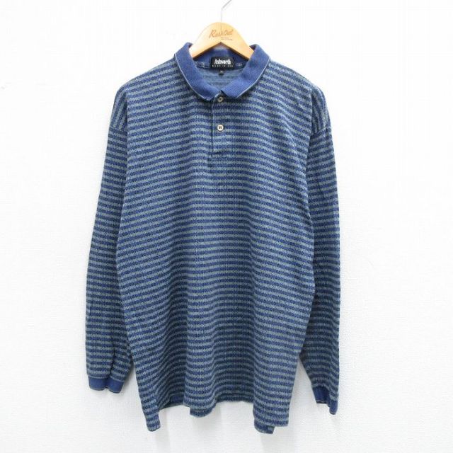 XL★古着 長袖 ポロ シャツ メンズ 90年代 90s 総柄 コットン USA製 紺他 ネイビー ボーダー 25sep01 中古 トップス