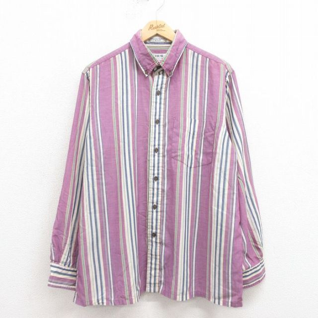 XL★古着 アロー 長袖 シャツ メンズ 90年代 90s ボタンダウン 紫他 パープル ストライプ 25sep04 中古 トップス
