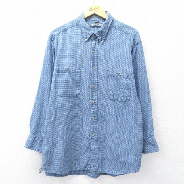 XL★古着 バンヒューセン 長袖 シャツ メンズ 90年代 90s ロング丈 コットン ボタンダウン 紺他 ネイビー チェック 25sep08 中古 トップス