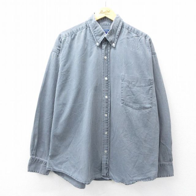 XL★古着 長袖 シャツ メンズ 大きいサイズ コットン ボタンダウン 緑系 グリーン 25sep10 中古 トップス