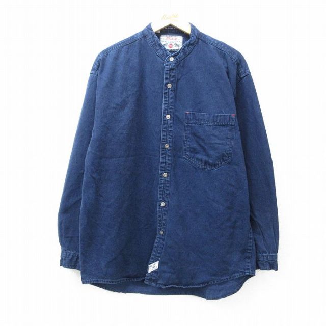 L★古着 長袖 シャツ メンズ 00年代 00s コットン ノーカラー 濃紺 ネイビー デニム 【spe】 25sep10 中古 トップス