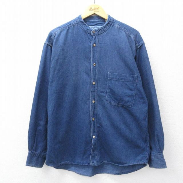 L★古着 長袖 シャツ メンズ 00年代 00s ノーカラー 紺 ネイビー デニム 25sep10 中古 トップス