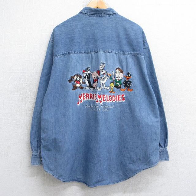【20%OFF】XL★古着 長袖 シャツ メンズ 90年代 90s ルーニーテューンズ LOONEY TUNES バッグスバニー タズ シルベスター 刺繍 ロング丈 コットン 紺 ネイビー デニム 【spe】 25sep12 中古 トップス