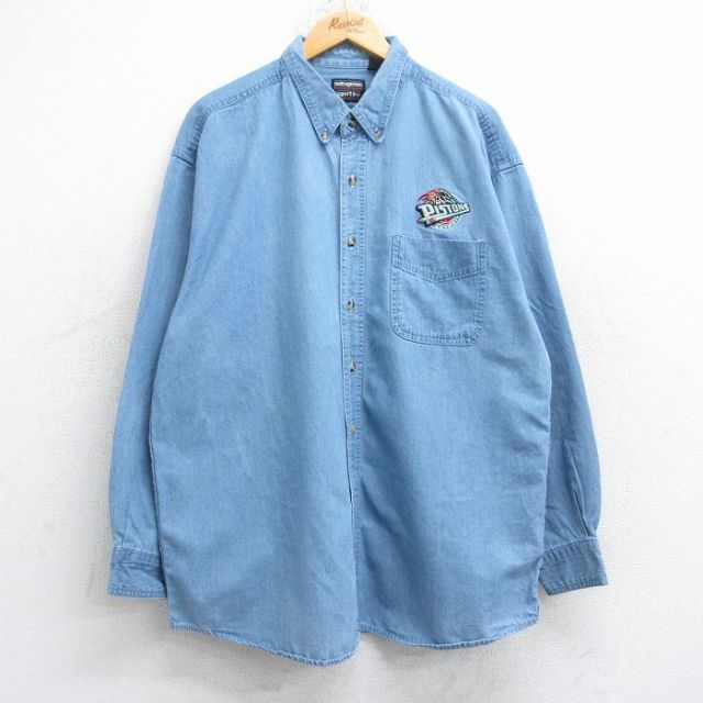 XL★古着 長袖 シャツ メンズ 90年代 90s NBA デトロイトピストンズ ロング丈 コットン ボタンダウン 紺 ネイビー デニム バスケットボール 25sep12 中古 トップス