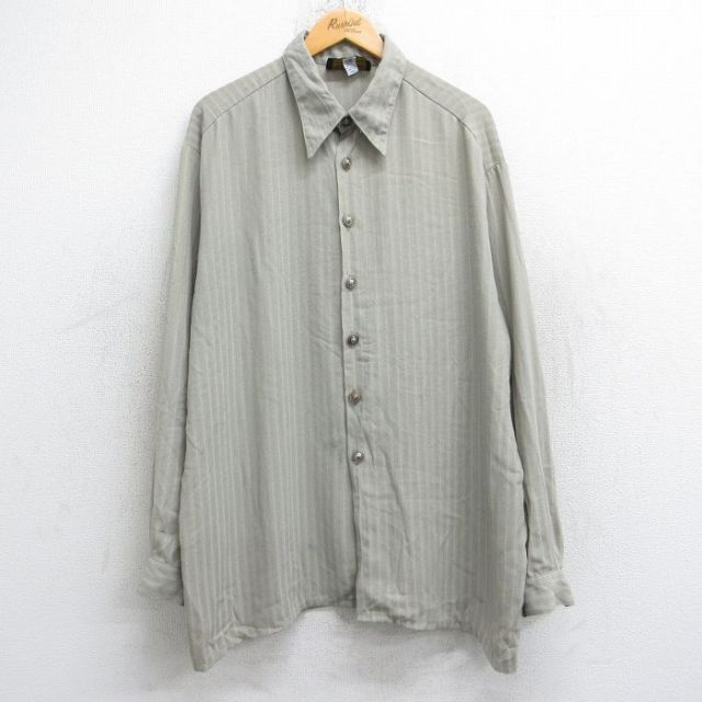 XL★古着 長袖 シャツ メンズ 90年代 90s 大きいサイズ ロング丈 レーヨン USA製 ベージュ他 カーキ ストライプ 25sep12 中古 トップス