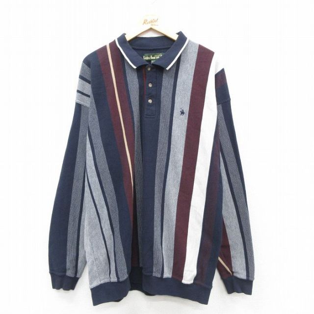 XL★古着 長袖 ポロ シャツ メンズ 90年代 90s ワンポイントロゴ ロング丈 紺他 ネイビー ストライプ 25sep24 中古 トップス