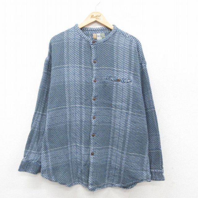 XL★古着 長袖 シャツ メンズ 大きいサイズ コットン ノーカラー 紺他 ネイビー チェック 25sep24 中古 トップス