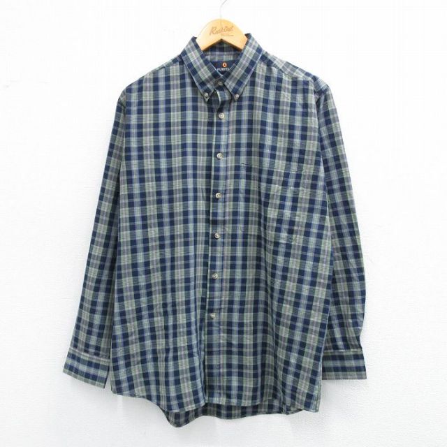 L★古着 ピューリタン 長袖 シャツ メンズ 00年代 00s ボタンダウン 濃紺他 ネイビー チェック 25sep25 中古 トップス