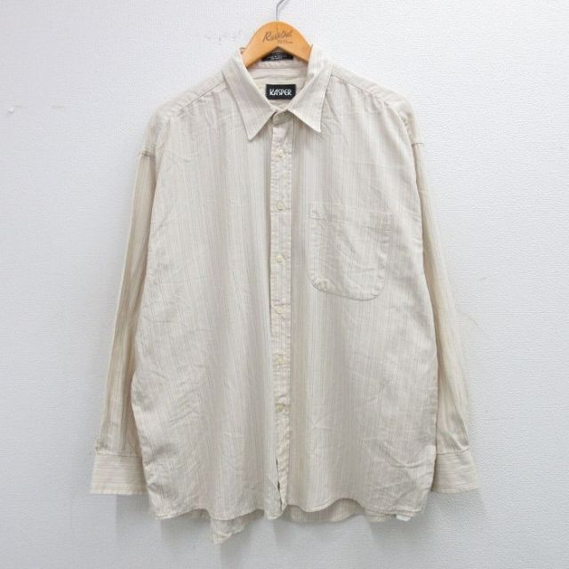 XL★古着 長袖 シャツ メンズ 90年代 90s 大きいサイズ コットン カナダ製 薄ベージュ他 カーキ ストライプ 25sep25 中古 トップス