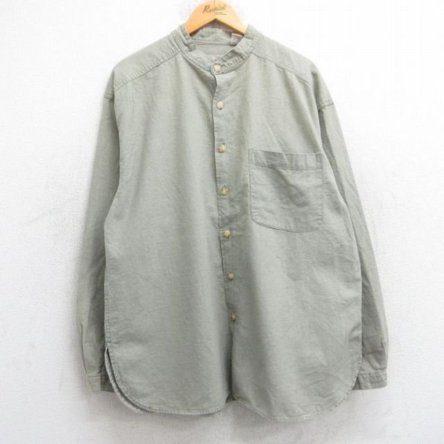【20%OFF】XL★古着 長袖 シャツ メンズ 90年代 90s リネン ノーカラー ベージュ系 カーキ 25sep26 中古 トップス
