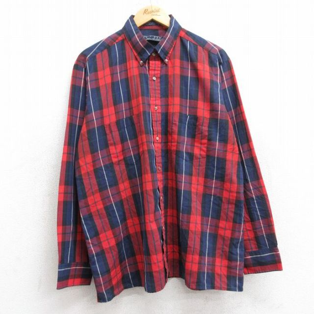 XL★古着 バンヒューセン 長袖 シャツ メンズ 90年代 90s ボタンダウン 赤他 レッド チェック 25sep26 中古 トップス