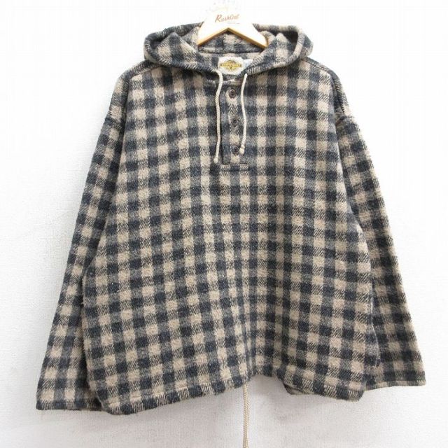 XL★古着 アースラグズ 長袖 メキシカン パーカー メンズ 90年代 90s メキシコ製 ベージュ他 カーキ チェック 【spe】 25sep26 中古 トップス