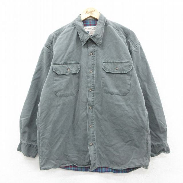 XL★古着 長袖 シャツ メンズ ダック地 大きいサイズ コットン 緑系 グリーン 内側フランネル 25sep30 中古 トップス