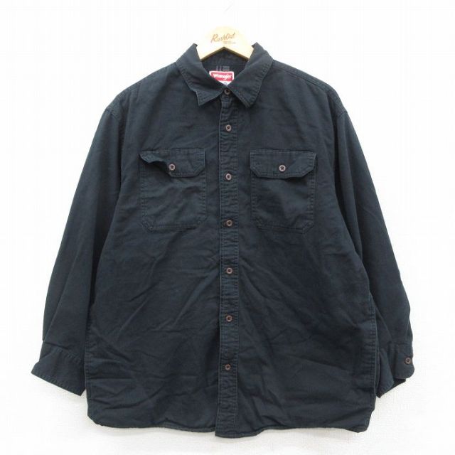 XL★古着 ラングラー Wrangler 長袖 シャツ メンズ コットン 黒 ブラック 内側フランネル 25sep30 中古 トップス