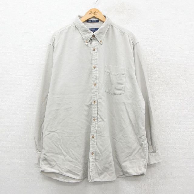 XL★古着 長袖 シャツ メンズ コーデュロイ 大きいサイズ ロング丈 コットン ボタンダウン 薄ベージュ カーキ 25sep30 中古 トップス