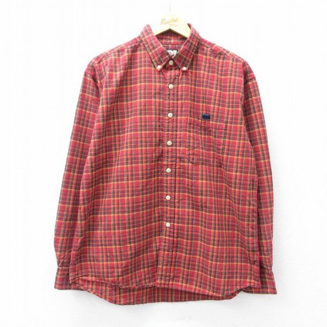 XL★古着 長袖 シャツ メンズ 90年代 90s ボタンダウン 赤他 レッド チェック 25oct01 中古 トップス