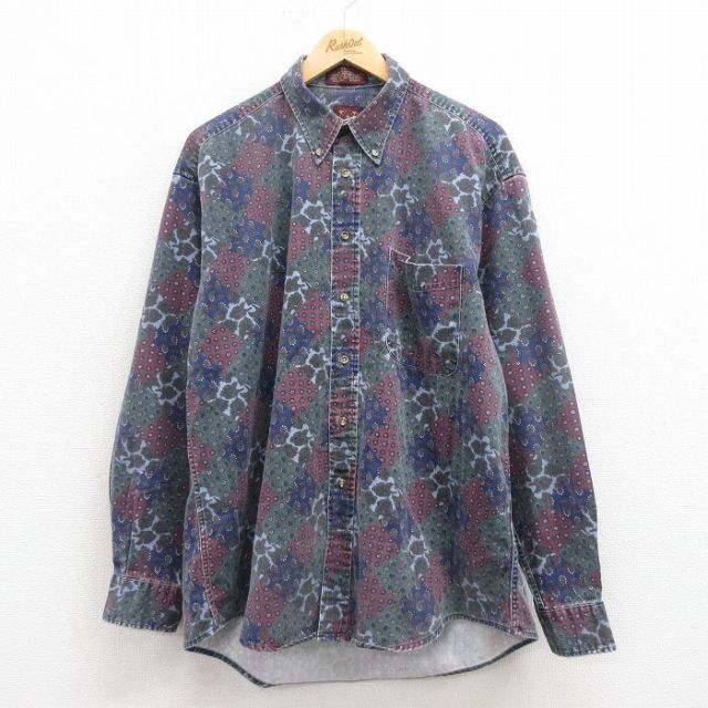 XL★古着 HAGGAR 長袖 シャツ メンズ 00年代 00s 花 ペイズリー柄 大きいサイズ コットン ボタンダウン 緑他 グリーン 25oct02 中古 トップス