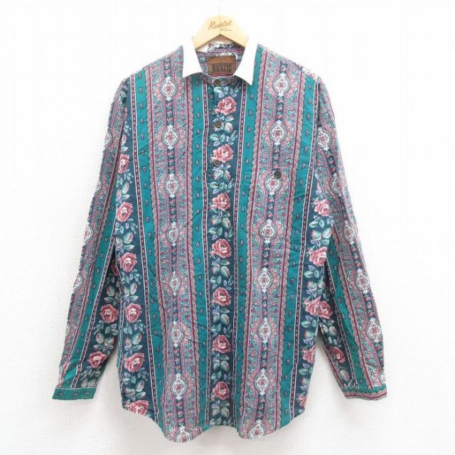L★古着 長袖 シャツ メンズ 90年代 90s 花 USA製 緑 グリーン 25oct02 中古 トップス